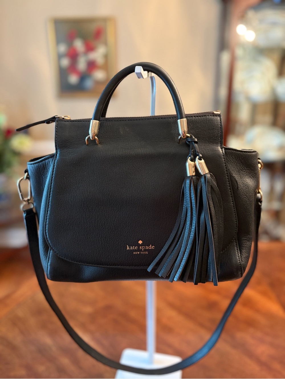 kate spade Black Leather Satchel with Tassel Accent